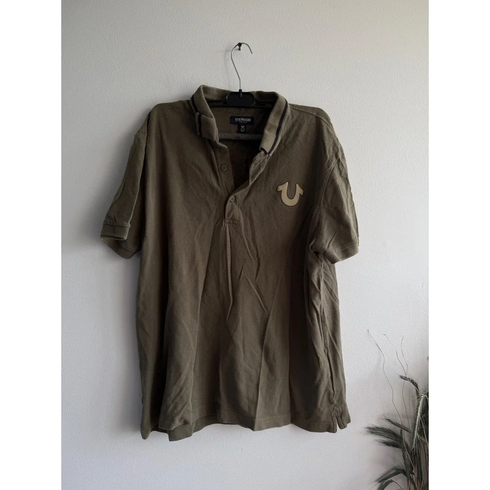 True Religion‎ Mens XL Olive Green Buddha Guitar Graphic Polo Shirt Short Sleeve